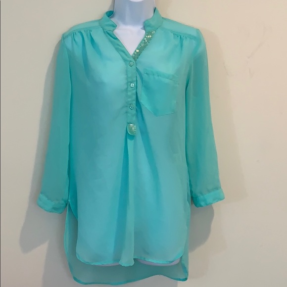 Truth Long Sleeve Roll Tab Sheer V-Neck Bouse - Picture 1 of 8